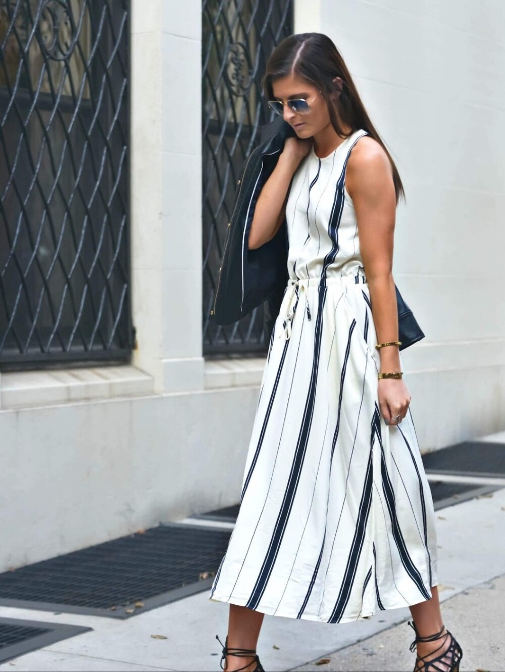 Lou & Grey Cream Midi Dress with Black Vertical Stripes